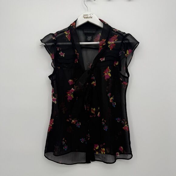 Attention Black Multi Floral Sheer Button Blouse Top Bow Tie Size XS - Picture 1 of 8